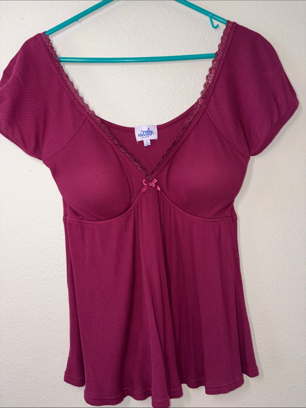 Lace-Trim Short Sleeve Tee - Raspberry
